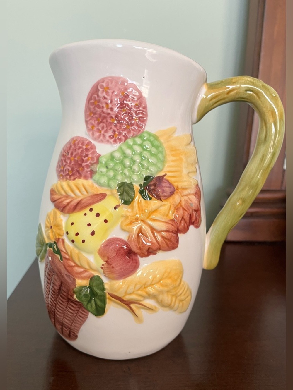 Ceramic Pitcher with Autumn Floral Fruit Design